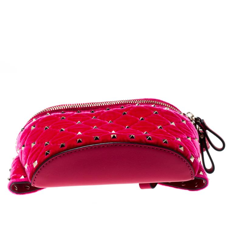 Pre Owned Valentino Disco Pink Quilted Velvet Rockstud Spike Belt Bag