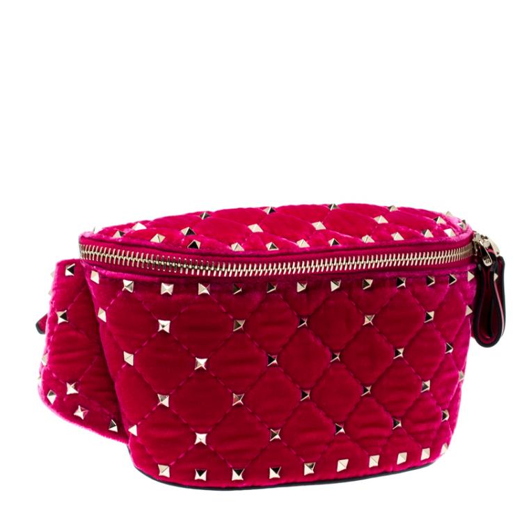 Pre Owned Valentino Disco Pink Quilted Velvet Rockstud Spike Belt Bag