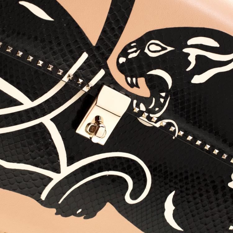 Pre Owned Valentino Camel Rose/Al Campione Smooth Leather Stud Stitching Panther Top Handle Bag