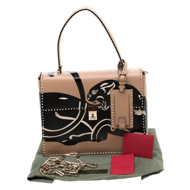 Pre Owned Valentino Camel Rose/Al Campione Smooth Leather Stud Stitching Panther Top Handle Bag
