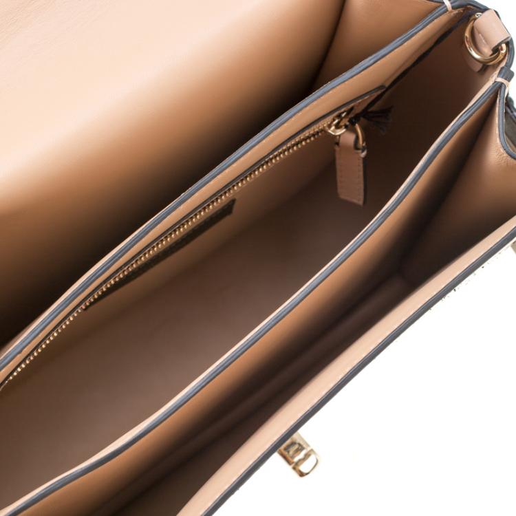 Pre Owned Valentino Camel Rose/Al Campione Smooth Leather Stud Stitching Panther Top Handle Bag