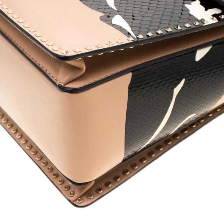 Pre Owned Valentino Camel Rose/Al Campione Smooth Leather Stud Stitching Panther Top Handle Bag