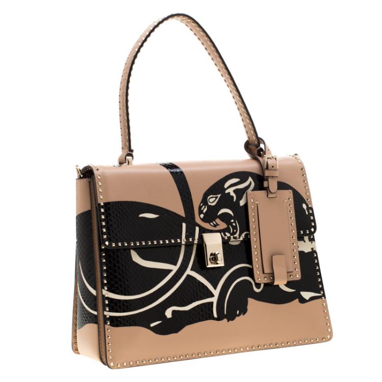 Pre Owned Valentino Camel Rose/Al Campione Smooth Leather Stud Stitching Panther Top Handle Bag