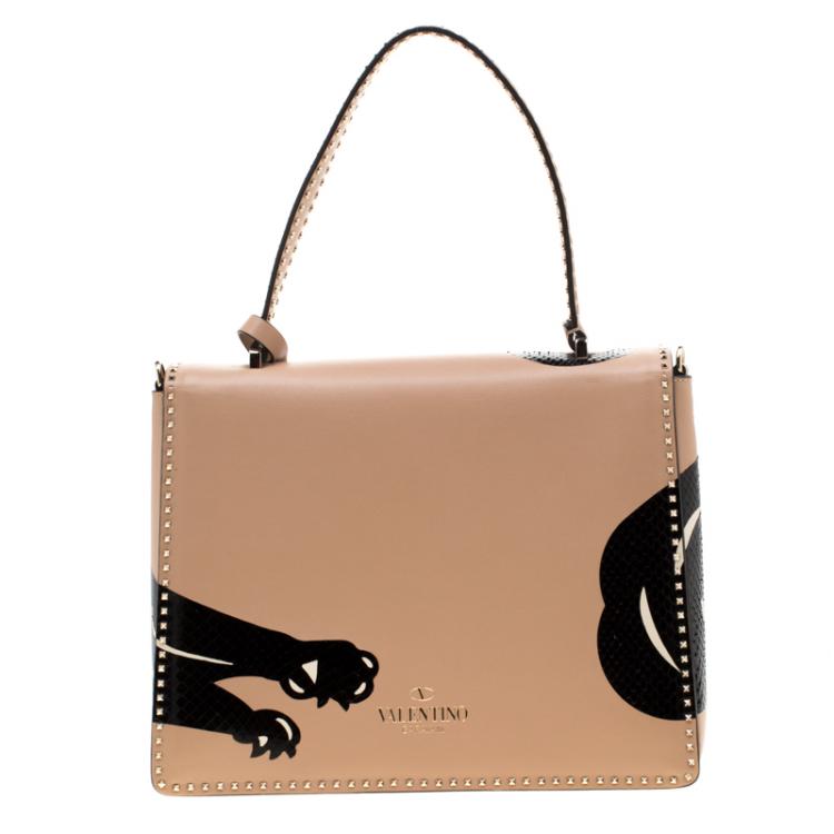 Pre Owned Valentino Camel Rose/Al Campione Smooth Leather Stud Stitching Panther Top Handle Bag
