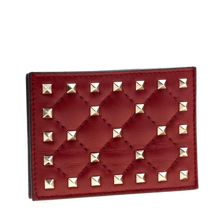 Pre Owned Valentino Rosso V. Quilted Soft Leather Rockstud Spike Card Holder