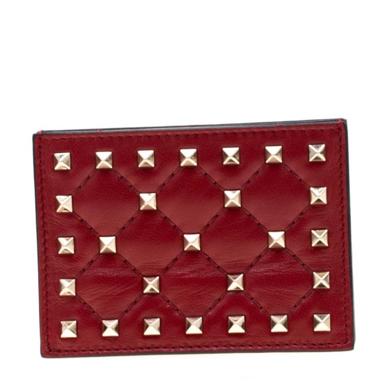 Pre Owned Valentino Rosso V. Quilted Soft Leather Rockstud Spike Card Holder
