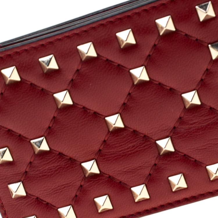 Pre Owned Valentino Rosso V. Quilted Soft Leather Rockstud Spike Card Holder