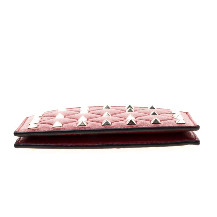 Pre Owned Valentino Rosso V. Quilted Soft Leather Rockstud Spike Card Holder