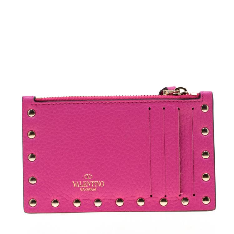 Pre Owned Valentino Pink Orchid Leather Rockstud Zip Wallet