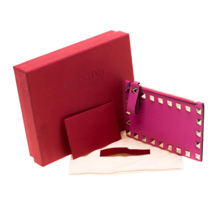 Pre Owned Valentino Pink Orchid Leather Rockstud Zip Wallet