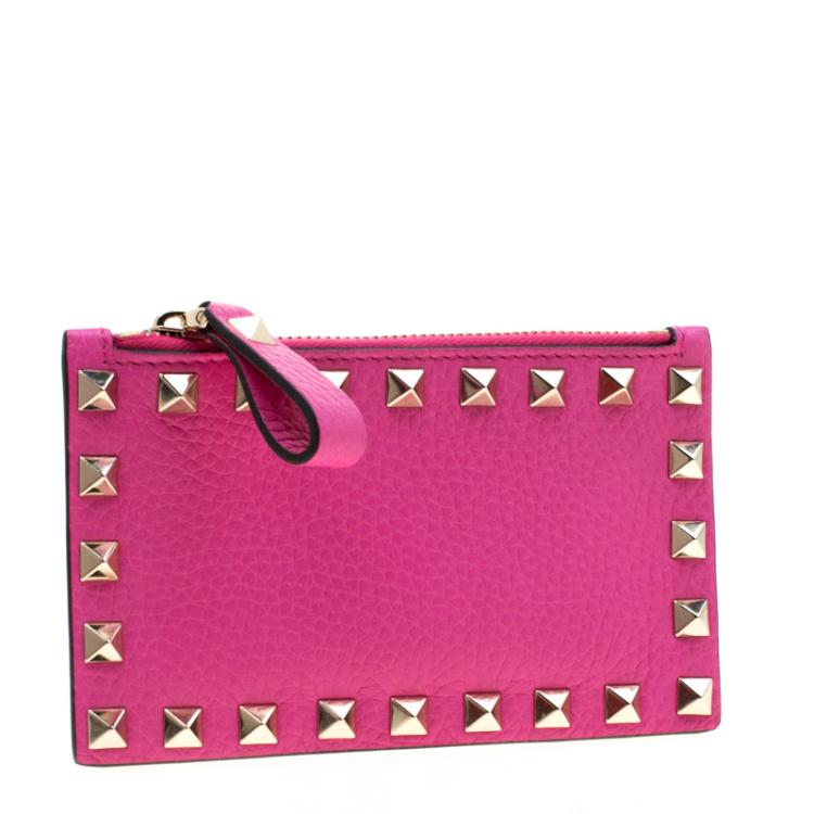 Pre Owned Valentino Pink Orchid Leather Rockstud Zip Wallet