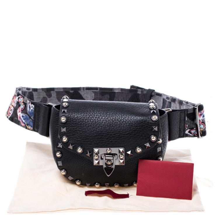 Pre Owned Valentino Black Leather Guitar Rockstud Rolling Belt Bag