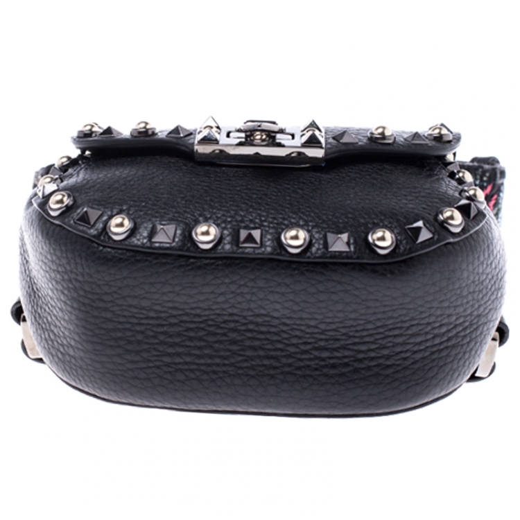 Pre Owned Valentino Black Leather Guitar Rockstud Rolling Belt Bag