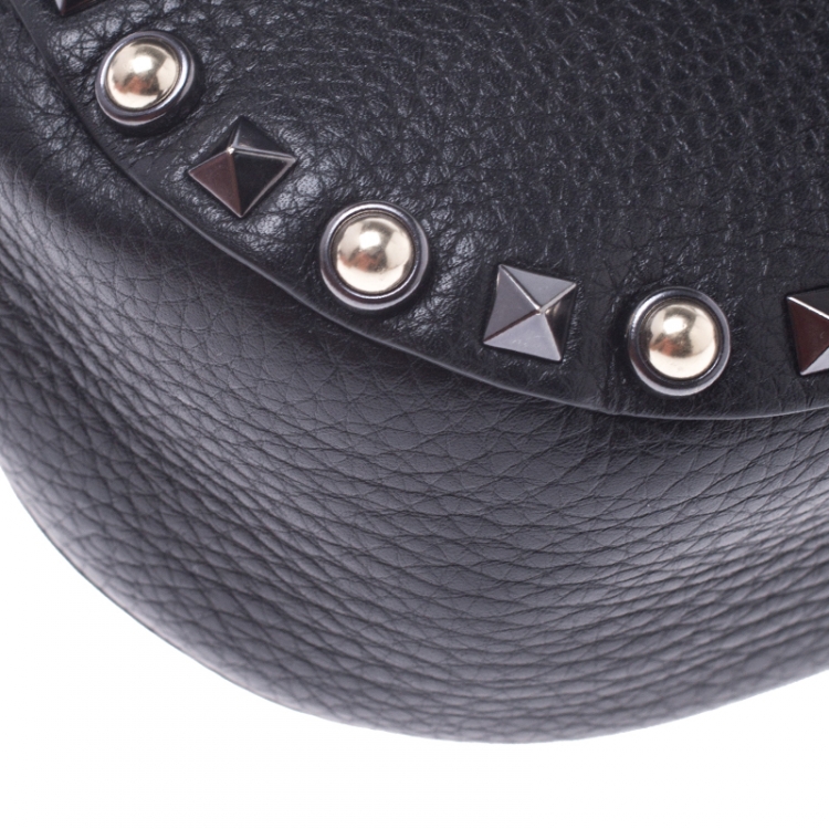Pre Owned Valentino Black Leather Guitar Rockstud Rolling Belt Bag