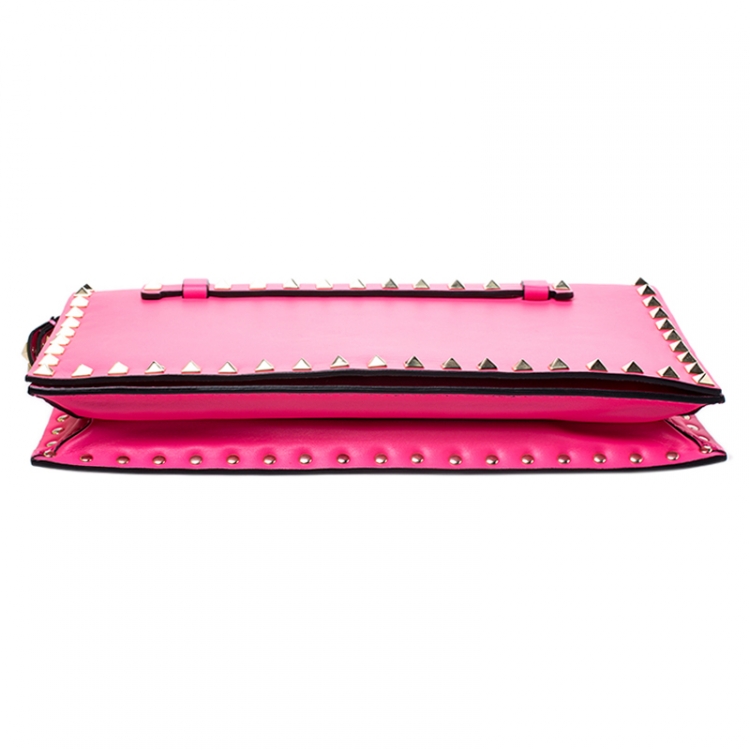 Pre Owned Valentino Hot Pink Leather Rockstud Wristlet Clutch