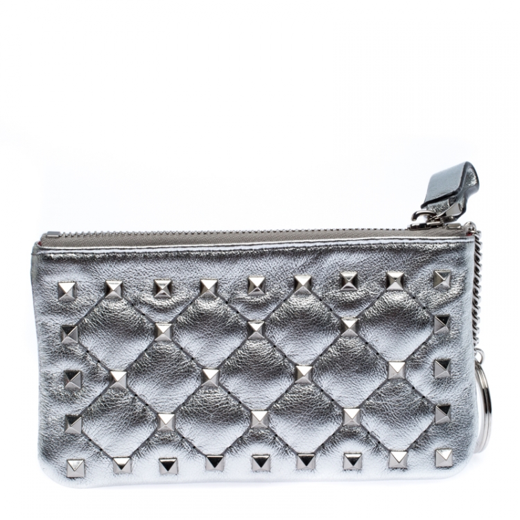 Pre Owned Valentino Silver Leather Rockstud Spike Key Case