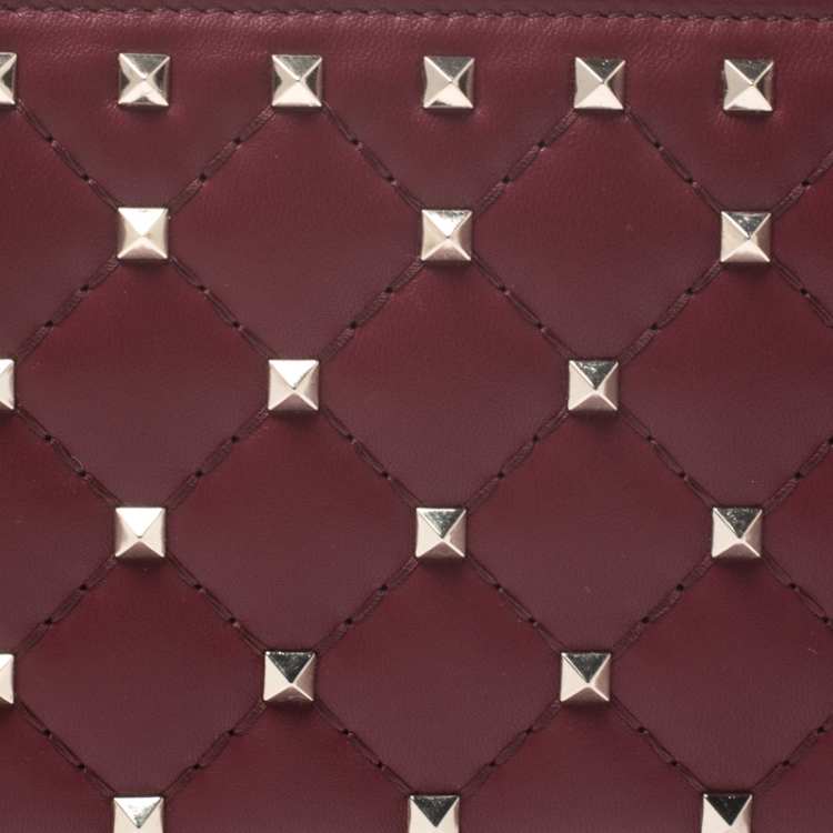 Pre Owned Valentino Red Quilted Leather Rockstud Spike Zip Around Wallet
