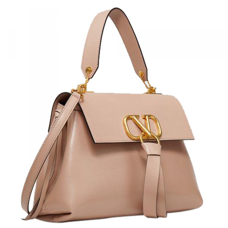 Pre Owned Valentino Rose Canelle Leather Small VRING Top Handle Bag