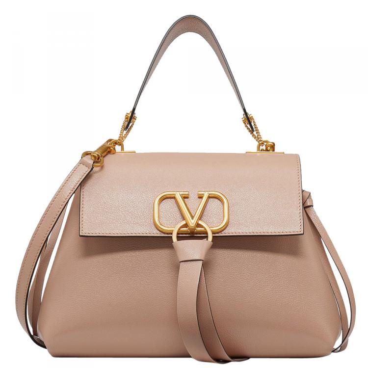 Pre Owned Valentino Rose Canelle Leather Small VRING Top Handle Bag