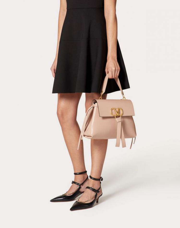 Pre Owned Valentino Rose Canelle Leather Small VRING Top Handle Bag
