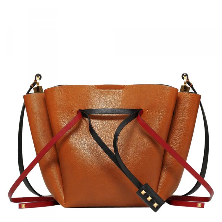 Pre Owned Valentino Tan Leather Medium VLOGO Bucket Bag