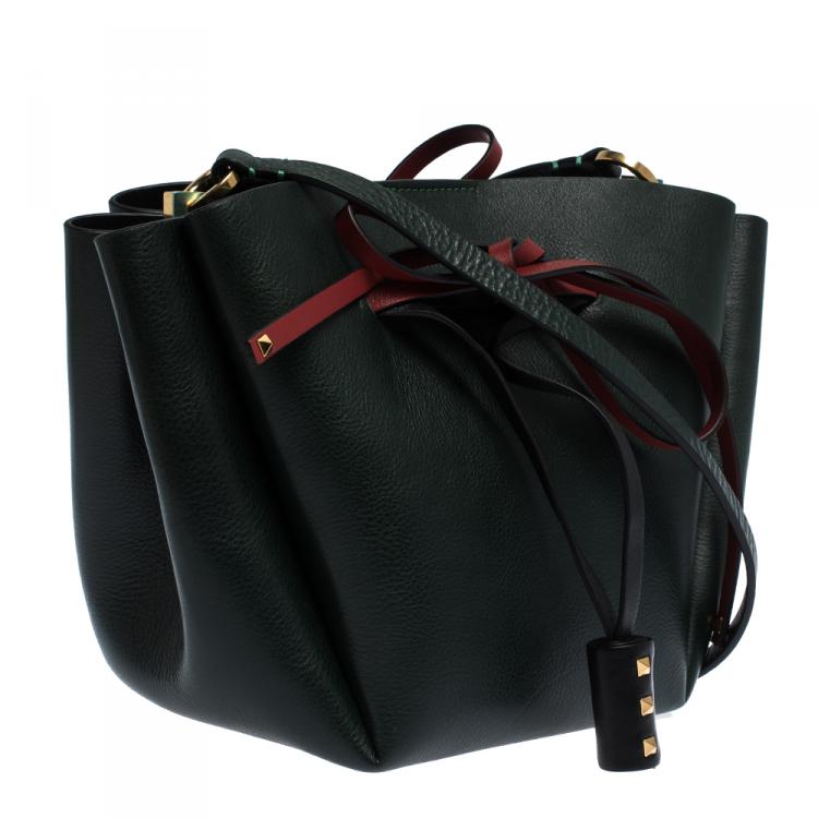 Pre Owned Valentino Green Leather Medium VLOGO Bucket Bag