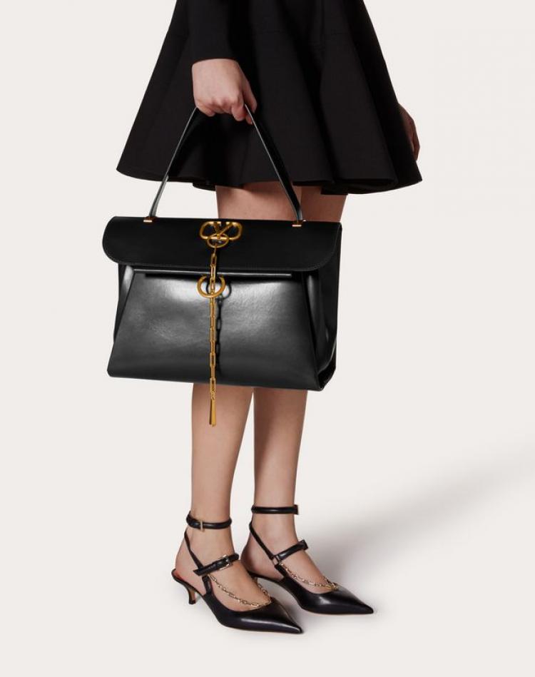 Pre Owned Valentino Black Smooth Leather VCHAIN Top Handle Bag