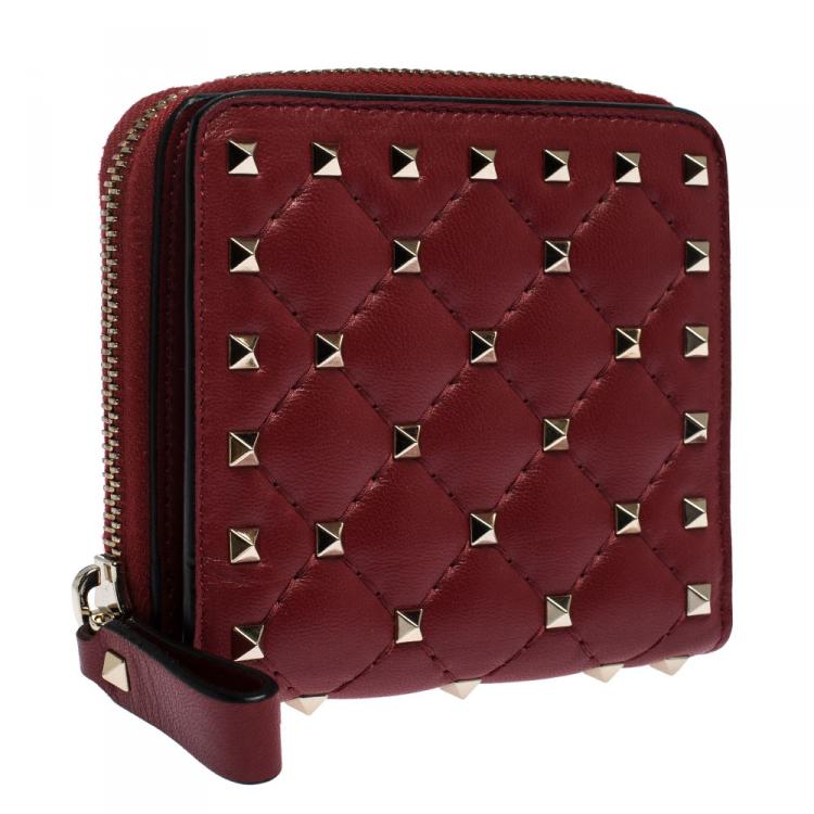 Pre Owned Valentino Rosso V. Soft Leather Rockstud Spike Compact Wallet