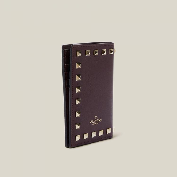 مملوكة مسبقًا Valentino Garavani Burgundy Rockstud Leather Bifold Wallet
