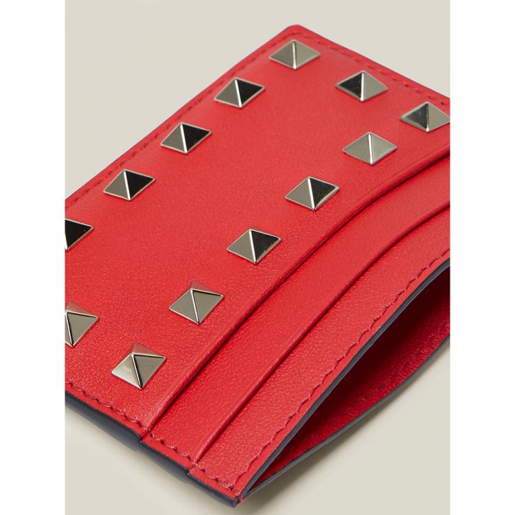 Pre Owned Valentino Garavani Red Rockstud Leather Cardholder