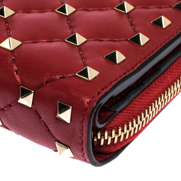 Pre Owned Valentino Red Leather Rockstud Spike Compact Wallet 