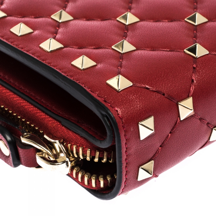 Pre Owned Valentino Red Leather Rockstud Spike Compact Wallet 
