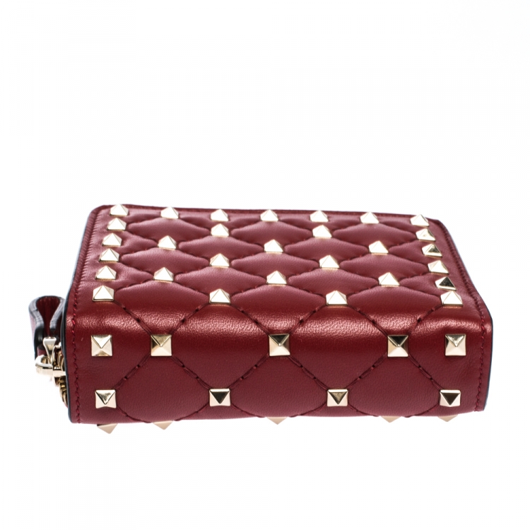 Pre Owned Valentino Red Leather Rockstud Spike Compact Wallet 