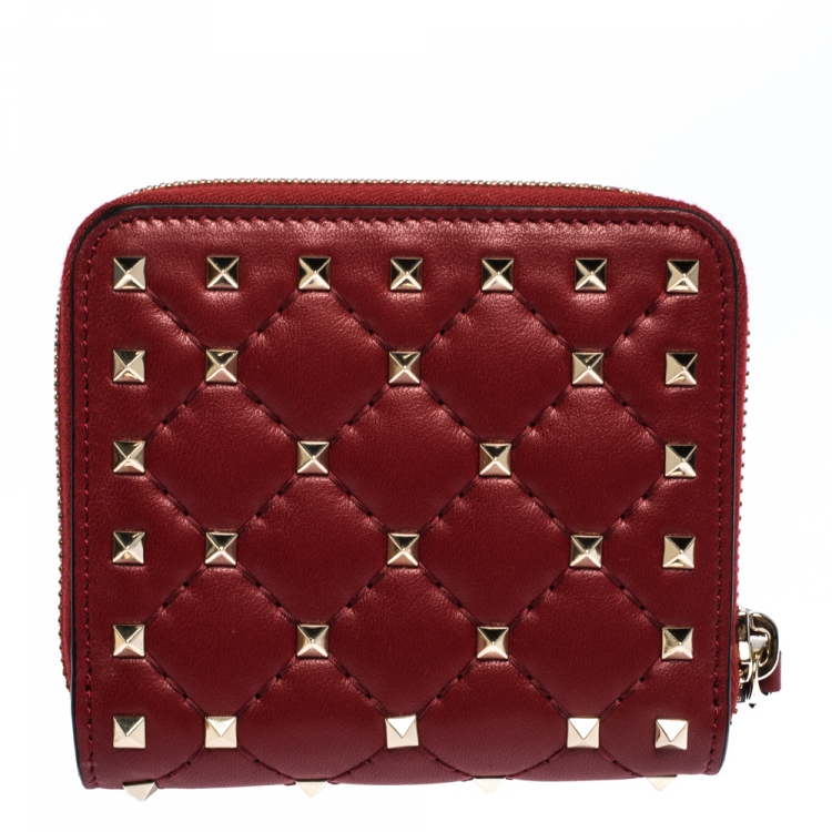 Pre Owned Valentino Red Leather Rockstud Spike Compact Wallet 
