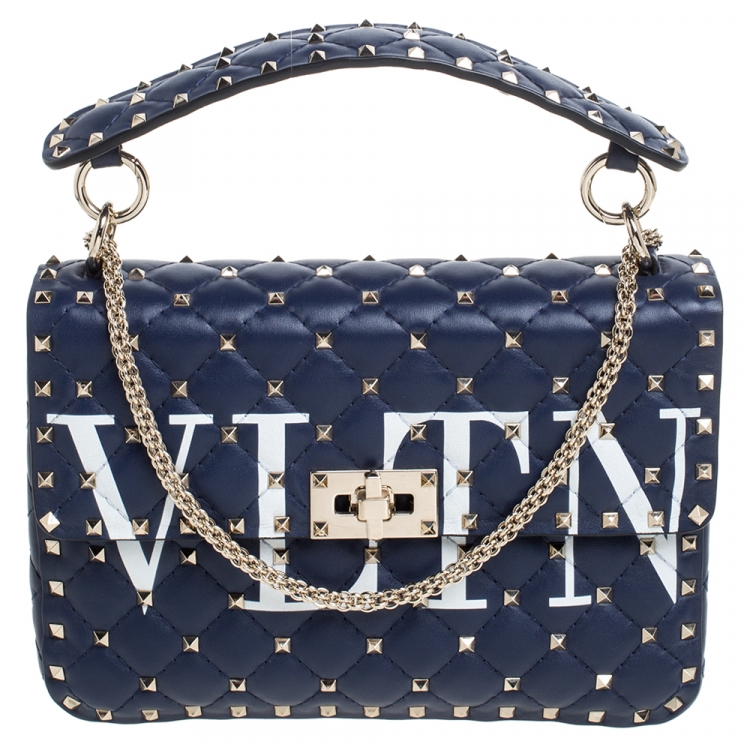 Valentino Blue Quilted Leather Medium Rockstud Spike VLTN Shoulder Bag Valentino The Luxury Closet