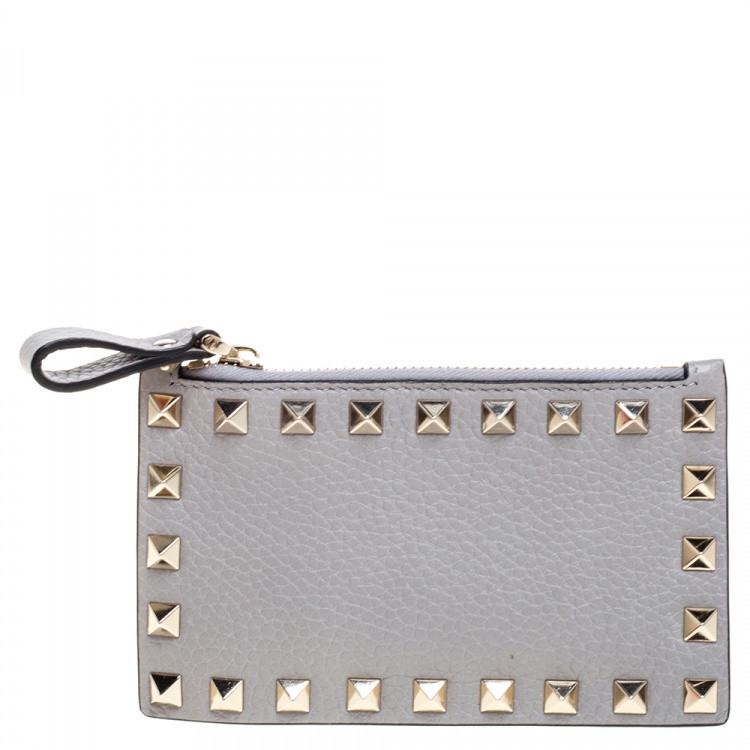 Valentino Pastel Grey Leather Rockstud Coin Purse and Card Holder Valentino The Luxury Closet