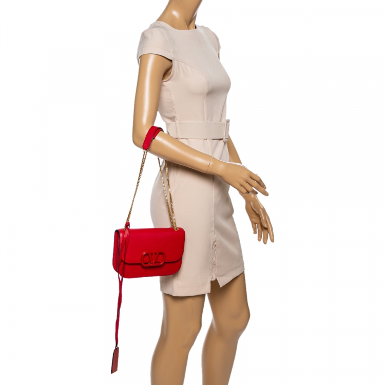 Valentino Coral Red Leather Medium Glam Lock Chain Shoulder Bag