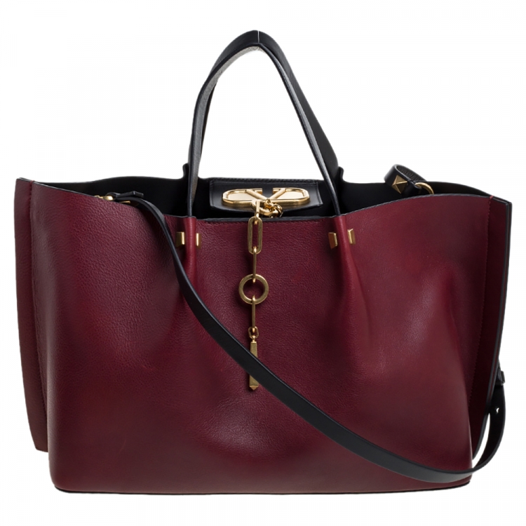 Valentino Burgundy Black Leather Valentino Go Logo Medium Escape Tote Valentino The Luxury Closet