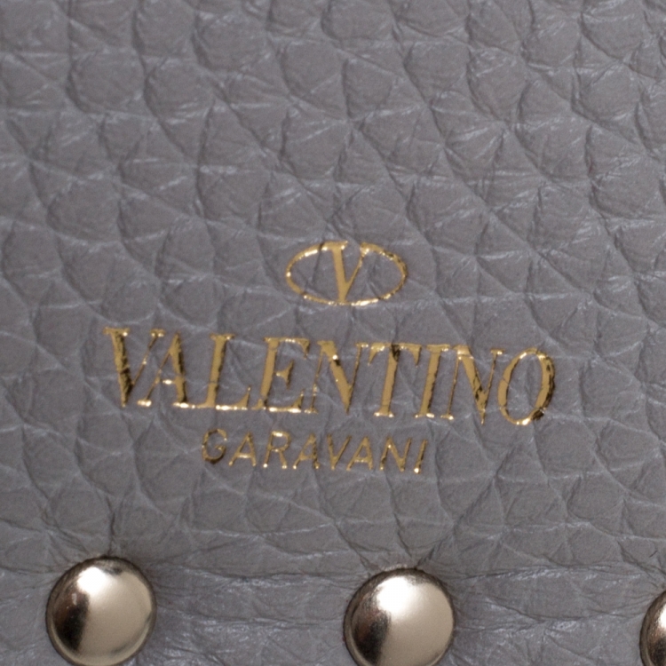Pre Owned Valentino Pastel Grey Leather Rockstud Coin Purse and Card Holder