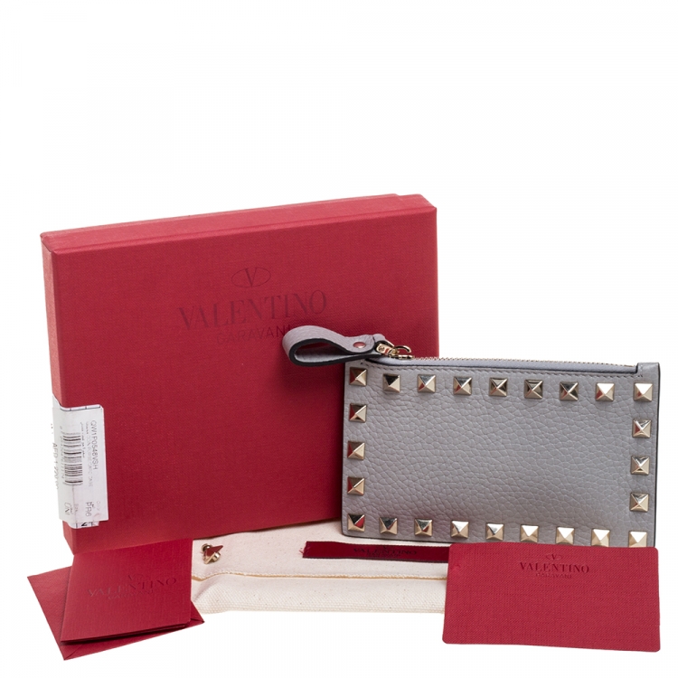 Pre Owned Valentino Pastel Grey Leather Rockstud Coin Purse and Card Holder