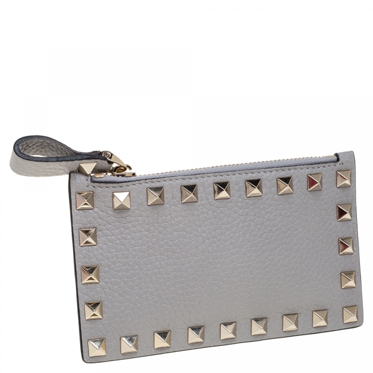 Pre Owned Valentino Pastel Grey Leather Rockstud Coin Purse and Card Holder