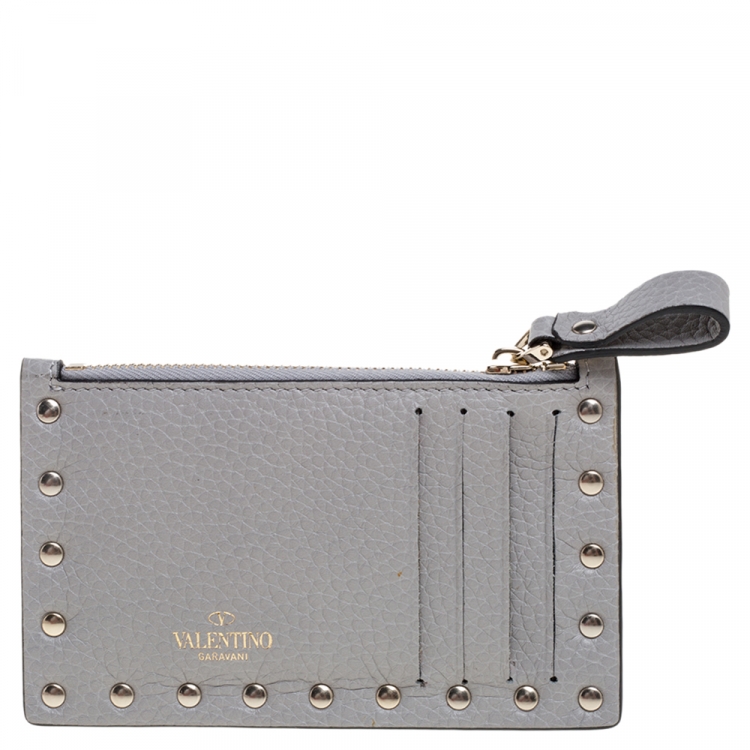 Pre Owned Valentino Pastel Grey Leather Rockstud Coin Purse and Card Holder