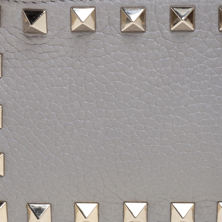 Pre Owned Valentino Pastel Grey Leather Rockstud Coin Purse and Card Holder