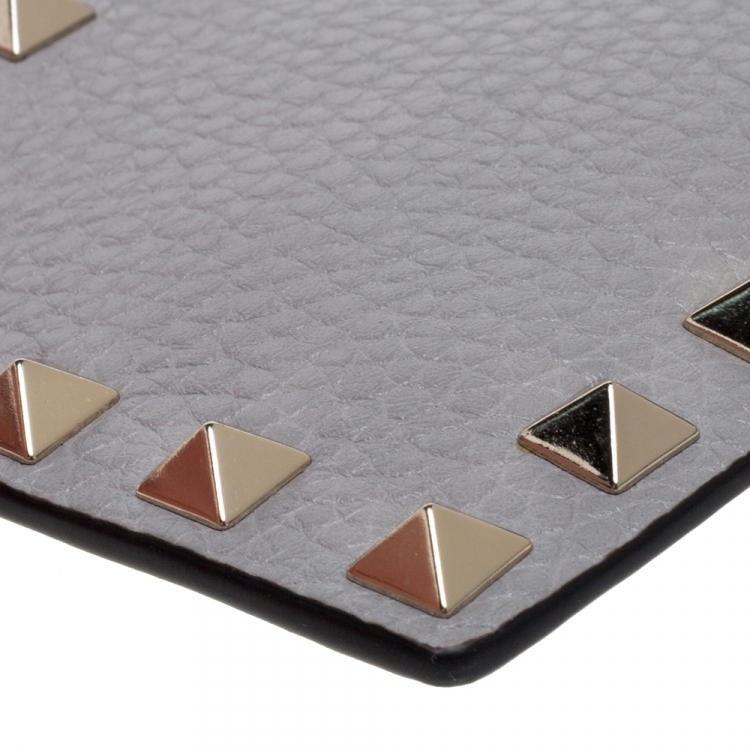 Pre Owned Valentino Pastel Grey Leather Rockstud Coin Purse and Card Holder