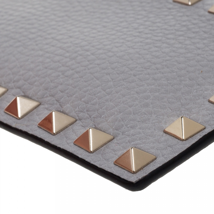 Pre Owned Valentino Pastel Grey Leather Rockstud Coin Purse and Card Holder