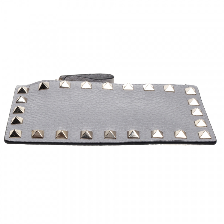 Pre Owned Valentino Pastel Grey Leather Rockstud Coin Purse and Card Holder