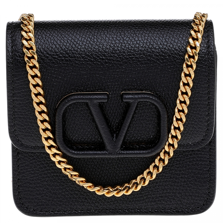 V Logo Signature Leather Chain Wallet in Black - Valentino