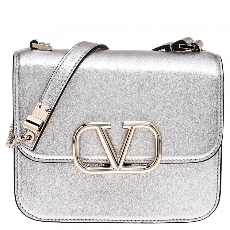VALENTINO Logo Small VSling Shoulder Bag Crossbody Silver Metallic