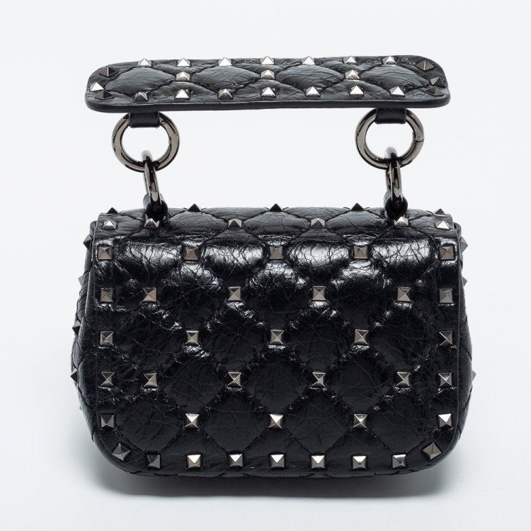 Pre Owned Valentino Black Leather Micro Rockstud Spike Top Handle Bag