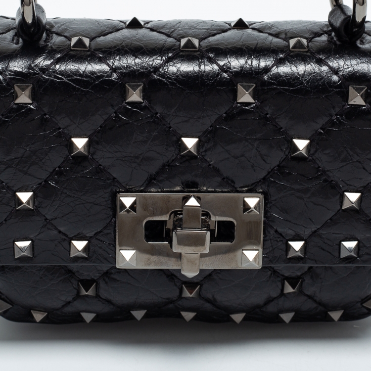 Pre Owned Valentino Black Leather Micro Rockstud Spike Top Handle Bag
